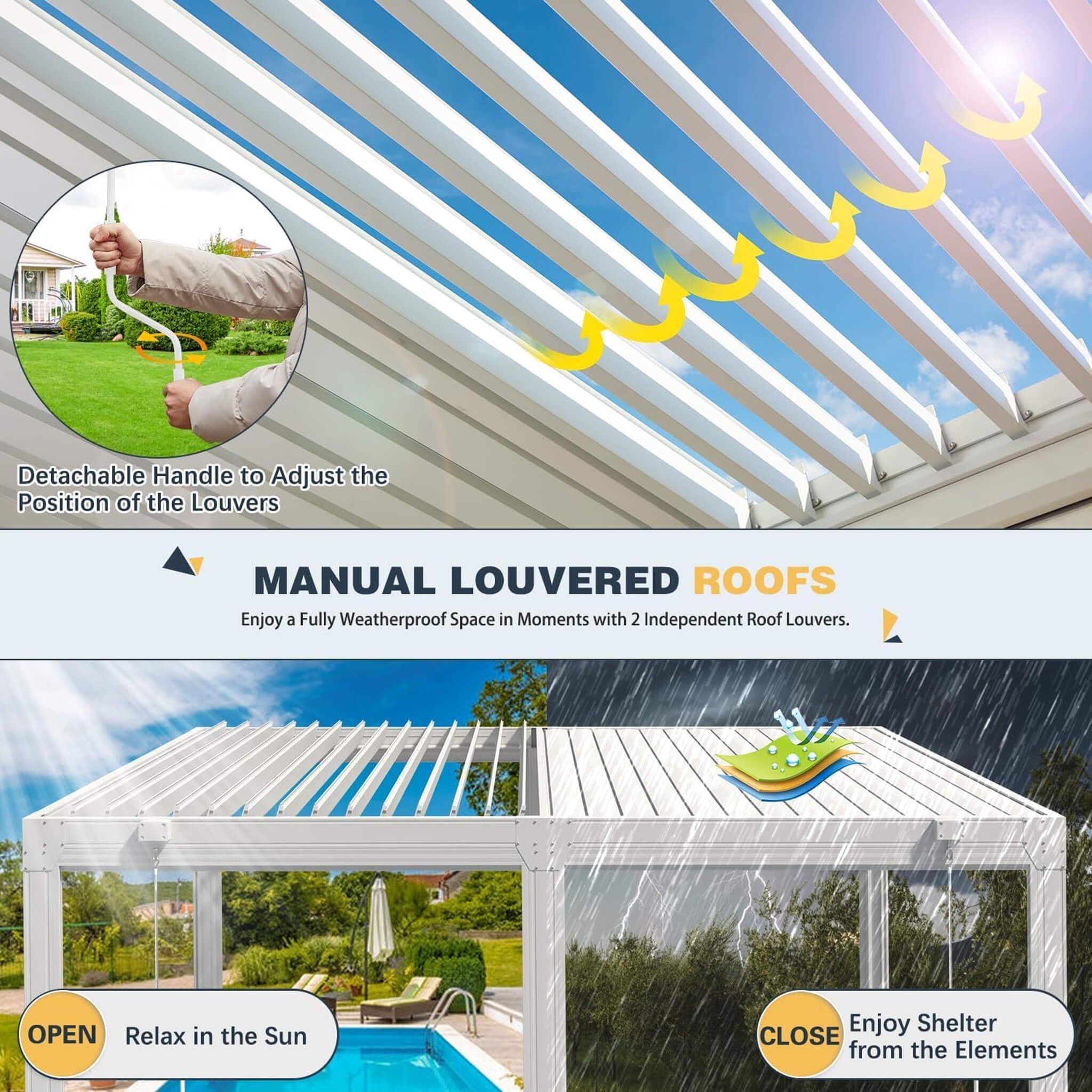 Alora White Louvered Aluminum Pergola With Adjustable Roof And Pull-Down Screens (SAK46817) - The Vitality Estate