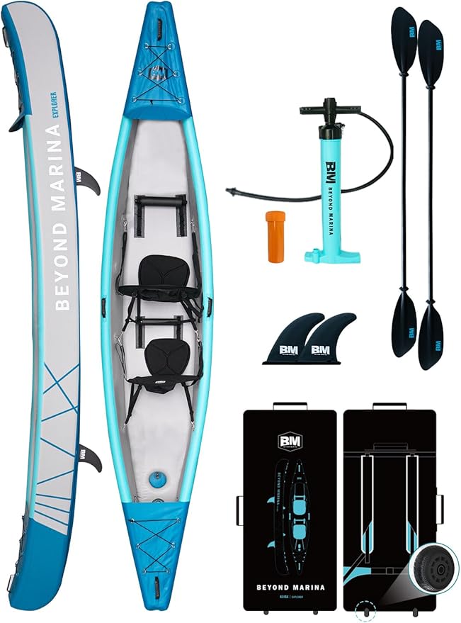 BEYOND MARINA Inflatable Kayak 1 & 2 & 3 Person Adult- Full Drop Stitch Kayak with Aluminum Paddles, Seats, Footrests, Pump, Fins - The Vitality Estate
