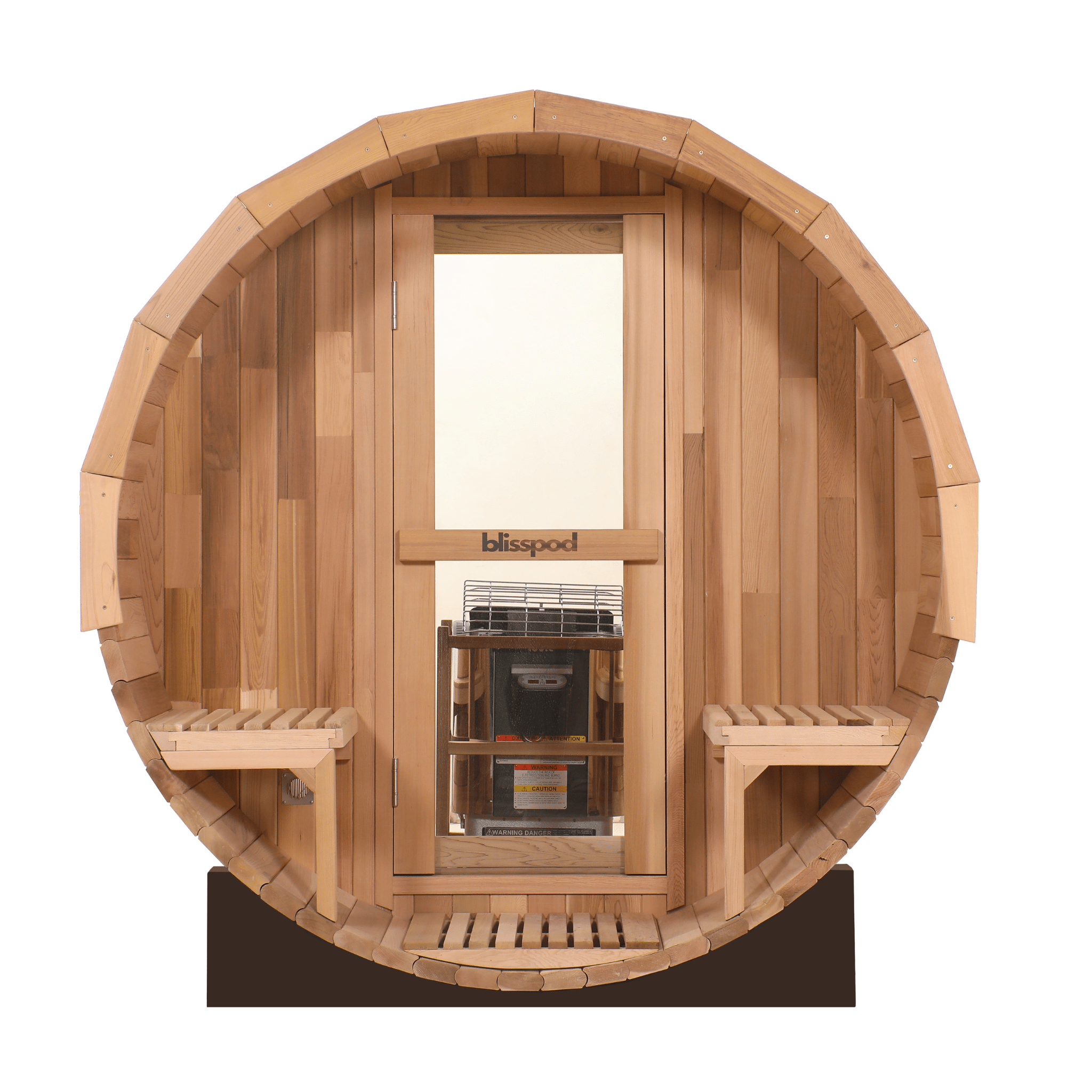 Blisspod, Prague, Canadian Red Cedar Outdoor Steam Barell Sauna, 2-4 / 4-6 persons with Full Glass Back & 2 front Porch seats - The Vitality Estate