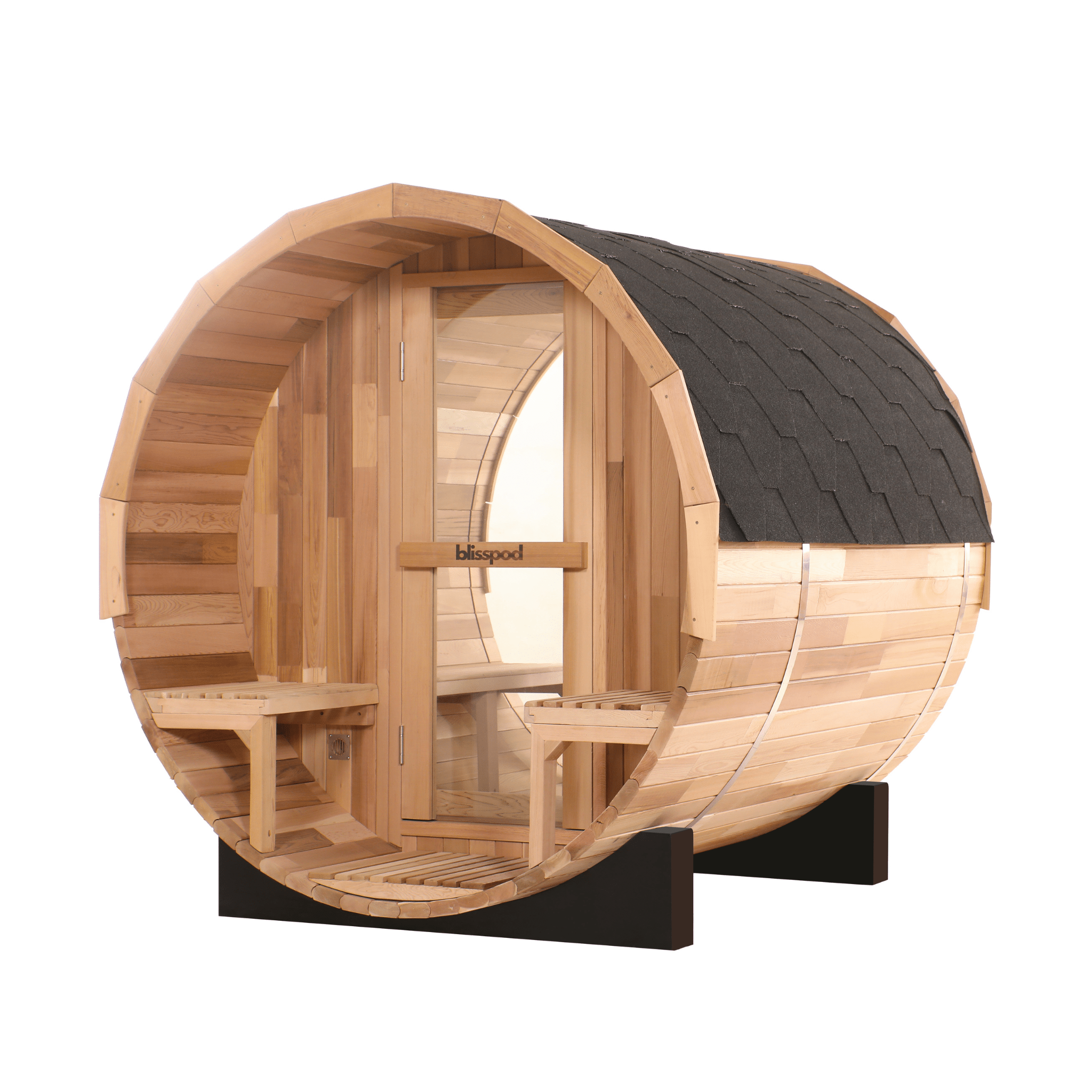 Blisspod, Prague, Canadian Red Cedar Outdoor Steam Barell Sauna, 2-4 / 4-6 persons with Full Glass Back & 2 front Porch seats - The Vitality Estate