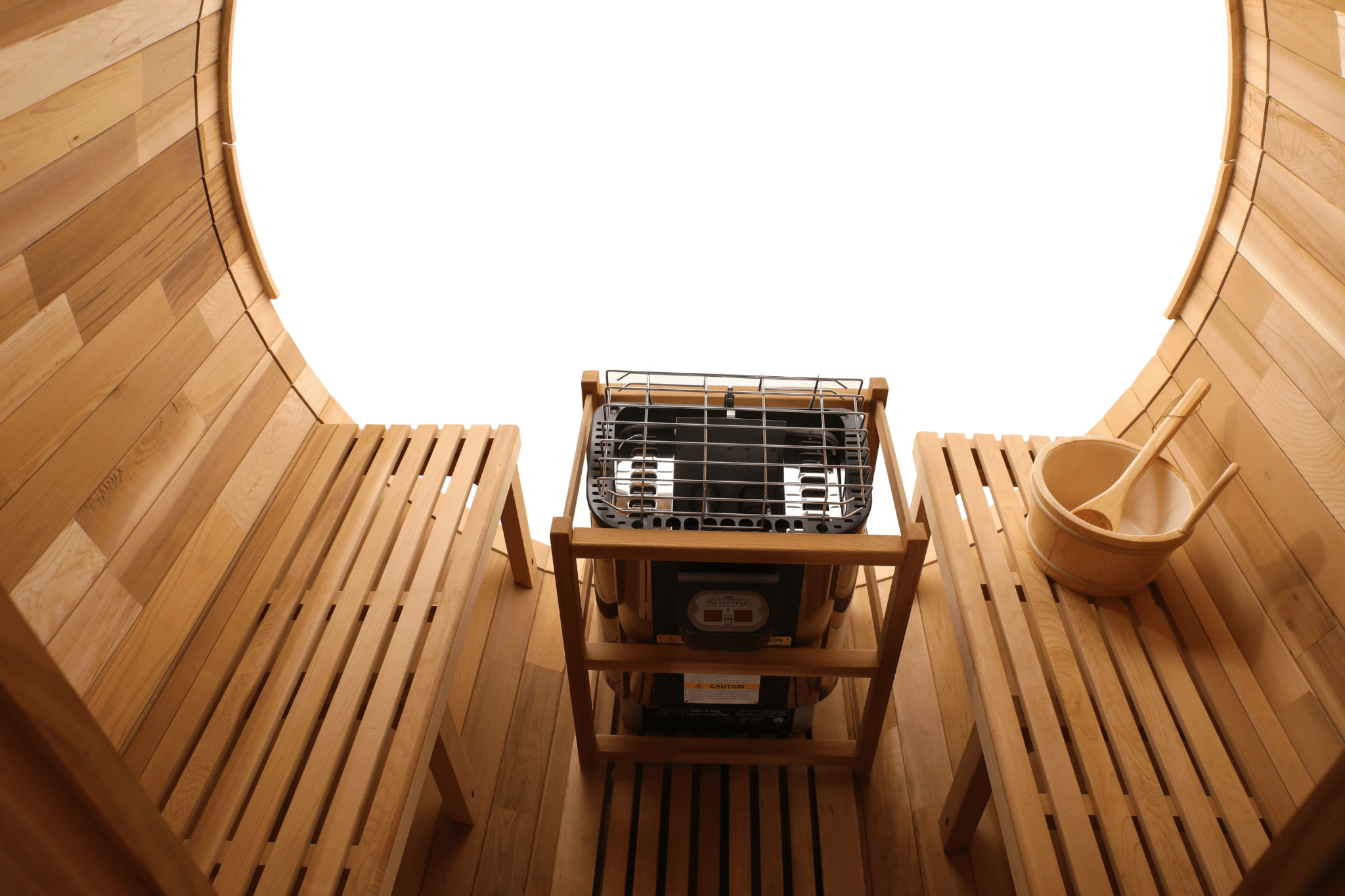 Blisspod, Prague, Canadian Red Cedar Outdoor Steam Barell Sauna, 2-4 / 4-6 persons with Full Glass Back & 2 front Porch seats - The Vitality Estate