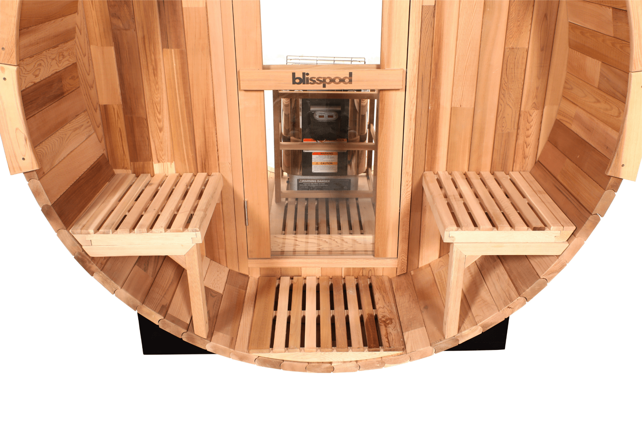 Blisspod, Prague, Canadian Red Cedar Outdoor Steam Barell Sauna, 2-4 / 4-6 persons with Full Glass Back & 2 front Porch seats - The Vitality Estate