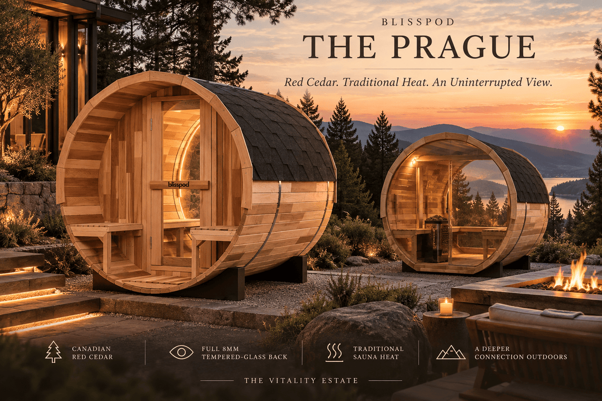 Blisspod Prague Outdoor Red Cedar Barrel Sauna | 4–6 Person - The Vitality Estate