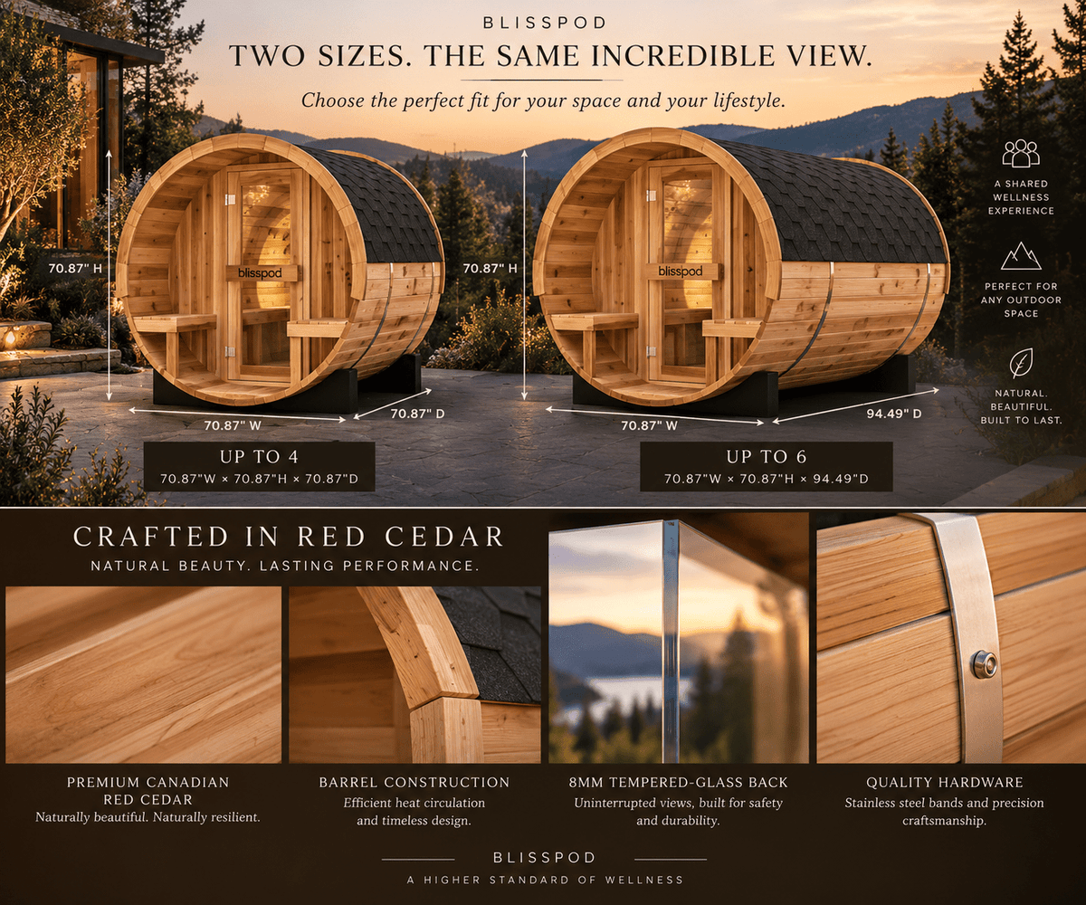 Blisspod Prague Outdoor Red Cedar Barrel Sauna | 4–6 Person - The Vitality Estate