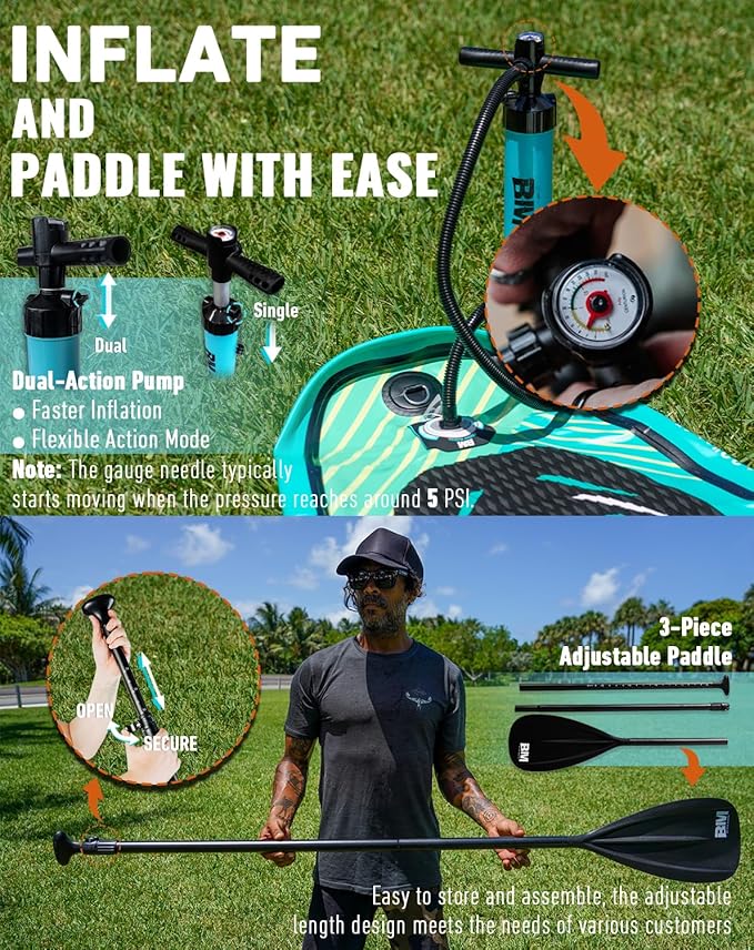 BM Paddle Board Inflatable Stand Up Paddle Board, SUP Paddleboard for Adult, Premium Accessories | Non-Slip EVA Deck & Foam Handles, Camera Mount, Double Action Pump, 85L Travel Backpack - The Vitality Estate