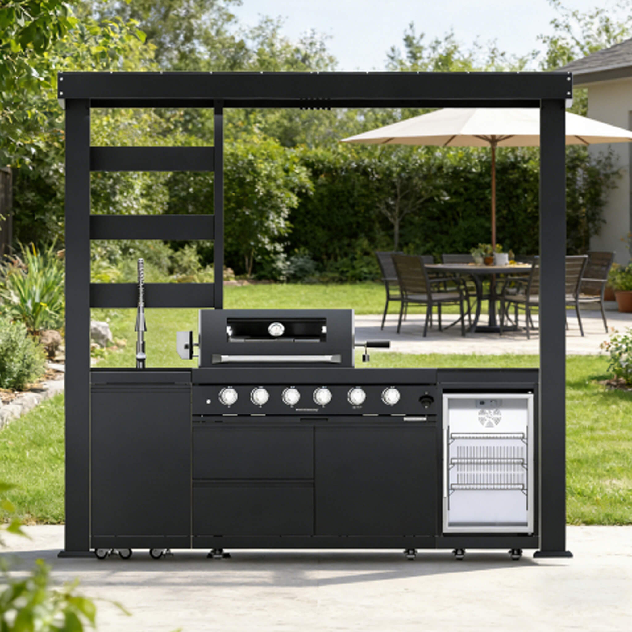 Castelle Flame Amalfi 97-Inch 4-Burner 72K BTU LP Outdoor Kitchen Grill Island With Wine Cooler, Rotisserie, Cabinets, And Granite Countertops (SAK70319) - The Vitality Estate