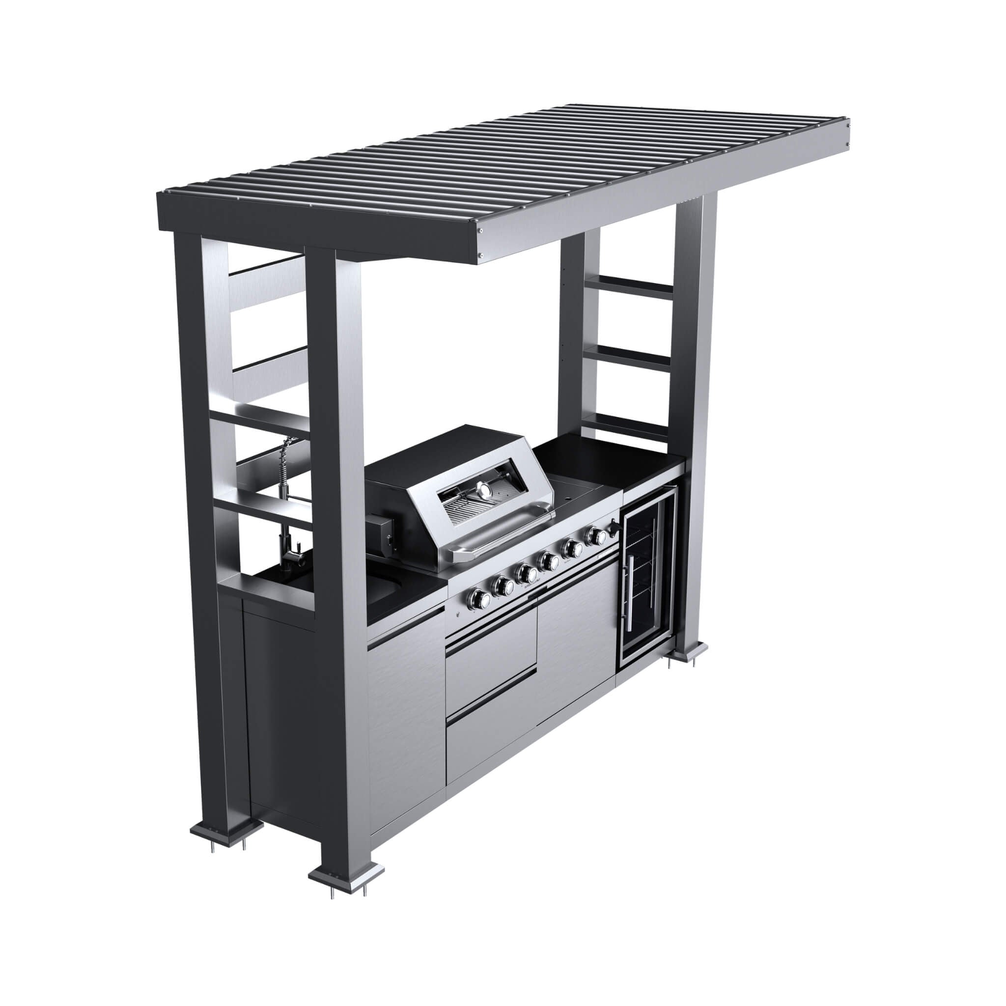 Castelle Flame Amalfi 97-Inch 4-Burner 72K BTU LP Outdoor Kitchen Grill Island With Wine Cooler, Rotisserie, Cabinets, And Granite Countertops (SAK70319) - The Vitality Estate