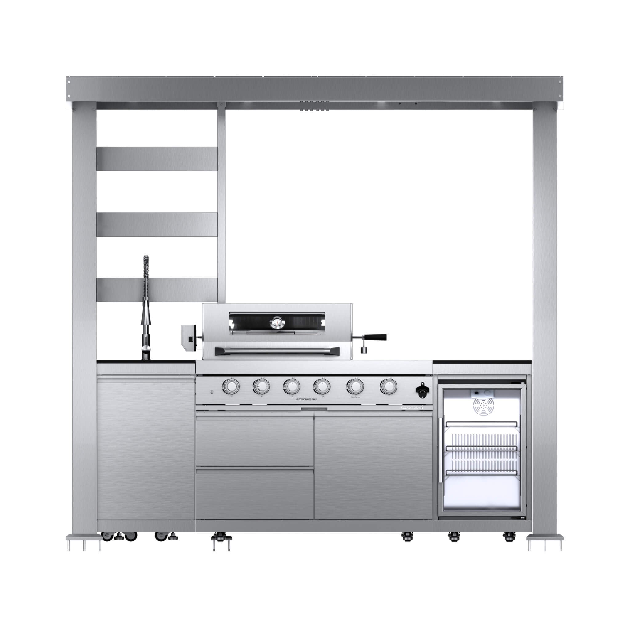 Castelle Flame Amalfi 97-Inch 4-Burner 72K BTU LP Outdoor Kitchen Grill Island With Wine Cooler, Rotisserie, Cabinets, And Granite Countertops (SAK70319) - The Vitality Estate