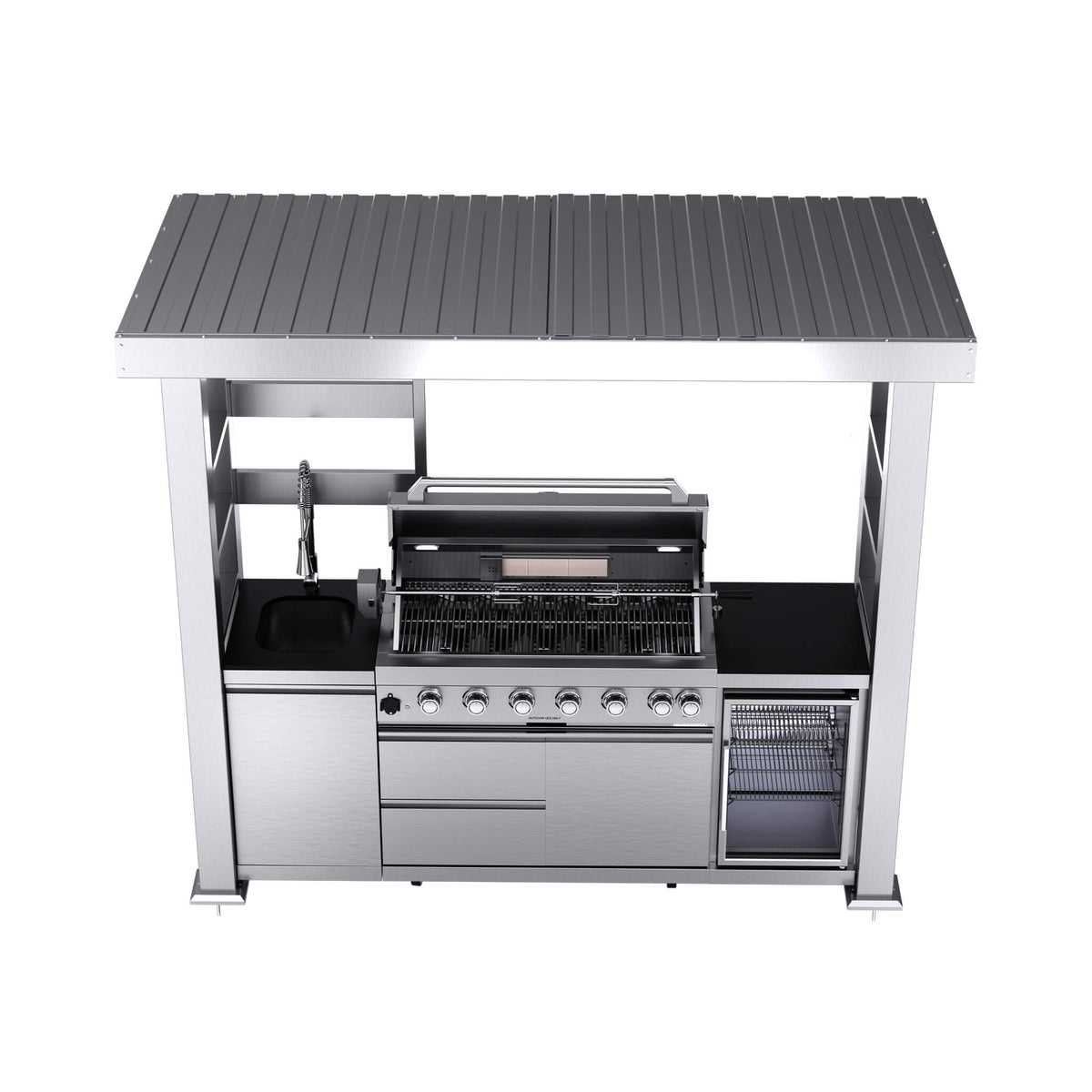 Castelle Flame Astoria 94-Inch 6-Burner 85K BTU Outdoor Kitchen Grill Island With Wine Cooler, Rotisserie, Cabinets, And Granite Countertops (SAK68014) - The Vitality Estate