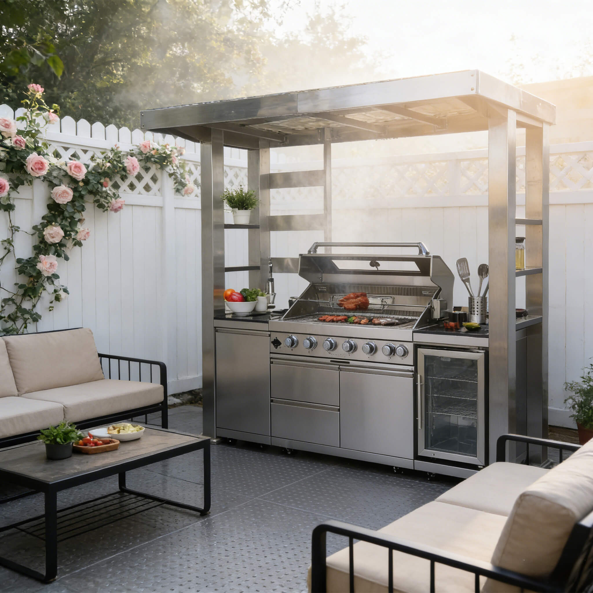 Castelle Flame Astoria 94-Inch 6-Burner 85K BTU Outdoor Kitchen Grill Island With Wine Cooler, Rotisserie, Cabinets, And Granite Countertops (SAK68014) - The Vitality Estate