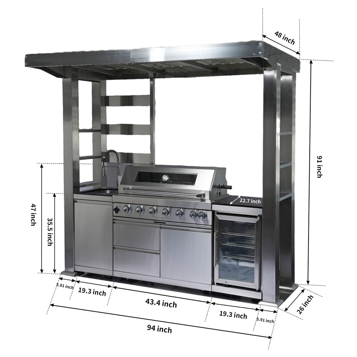Castelle Flame Astoria 94-Inch 6-Burner 85K BTU Outdoor Kitchen Grill Island With Wine Cooler, Rotisserie, Cabinets, And Granite Countertops (SAK68014) - The Vitality Estate