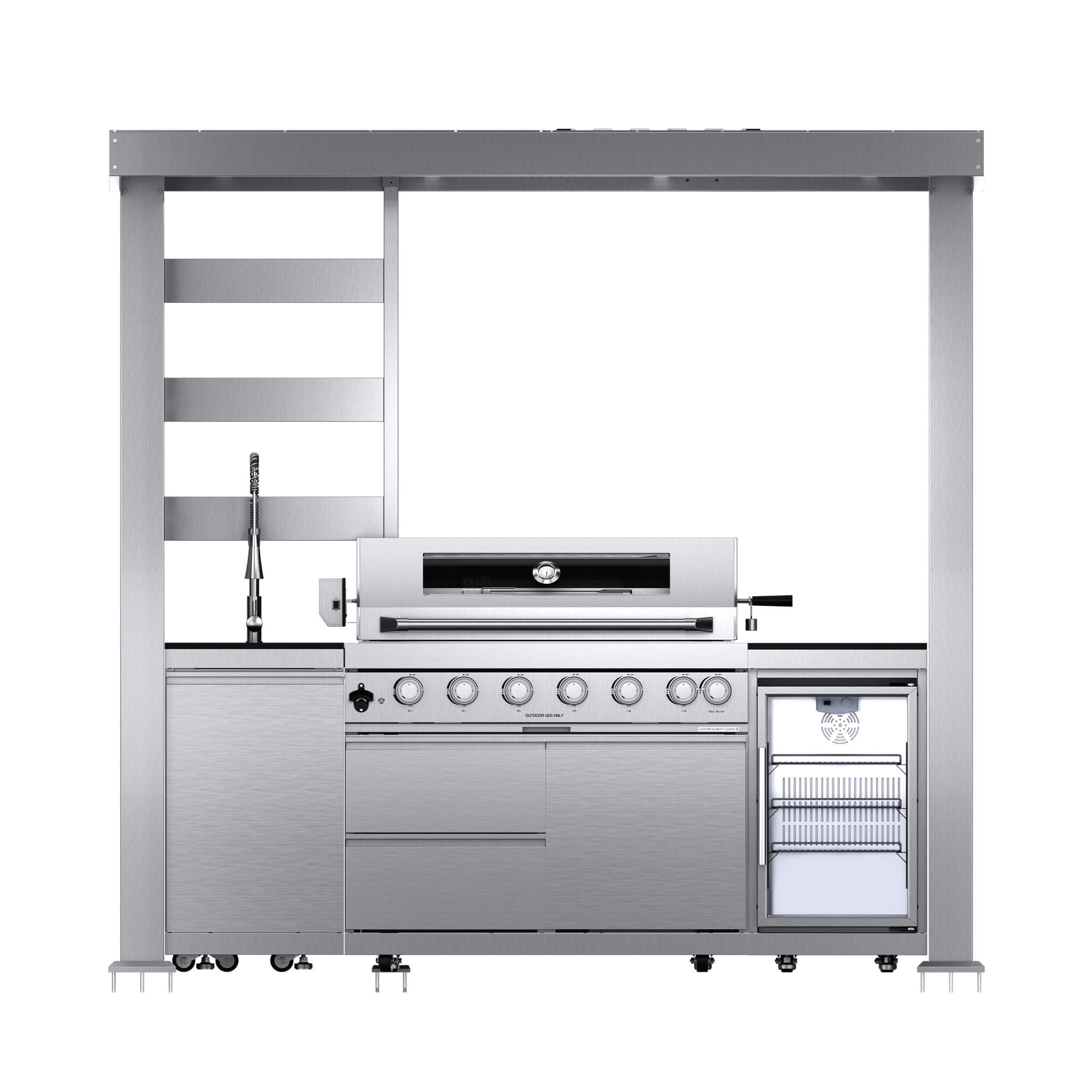 Castelle Flame Astoria 94-Inch 6-Burner 85K BTU Outdoor Kitchen Grill Island With Wine Cooler, Rotisserie, Cabinets, And Granite Countertops (SAK68014) - The Vitality Estate