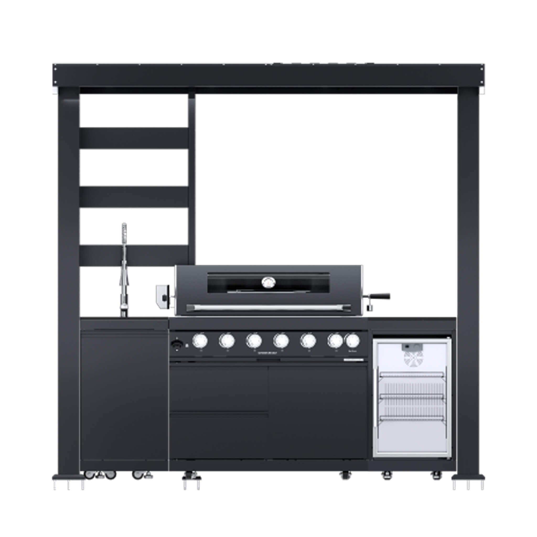 Castelle Flame Astoria 94-Inch 6-Burner 85K BTU Outdoor Kitchen Grill Island With Wine Cooler, Rotisserie, Cabinets, And Granite Countertops (SAK68014) - The Vitality Estate