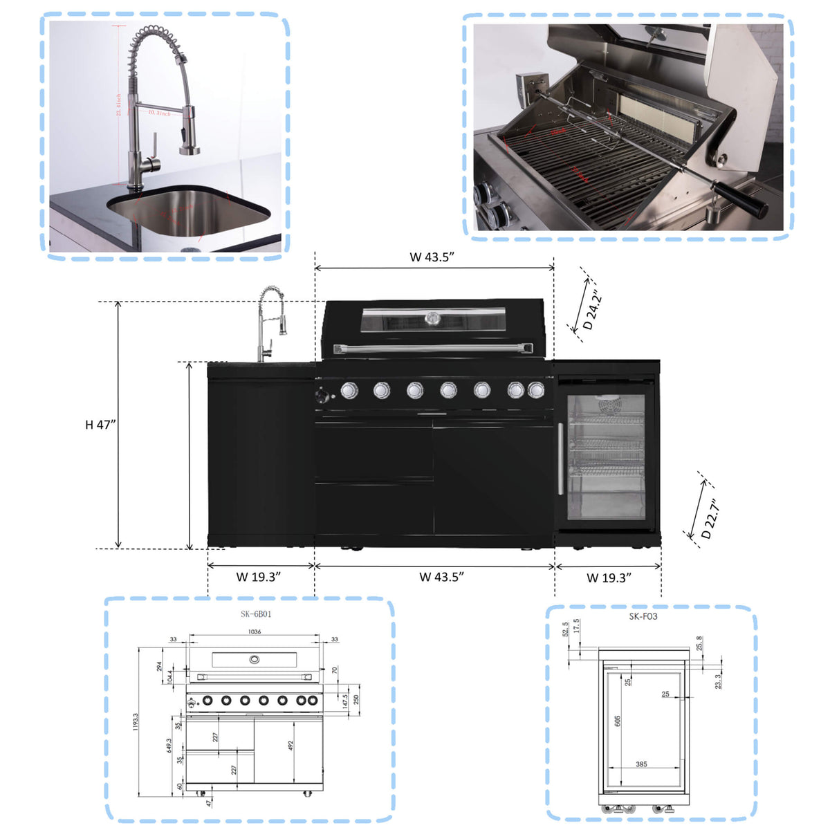 Castelle Flame Avalon 43-Inch 6-Burner 85K BTU Outdoor BBQ Kitchen Grill Island With Wine Fridge, Rotisserie Kit, And Sink (SAK23864) - The Vitality Estate