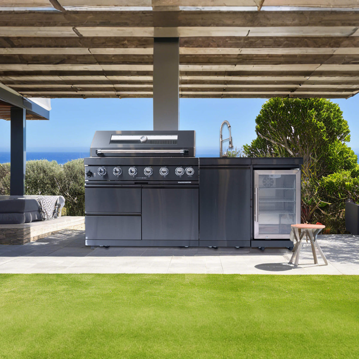 Castelle Flame Avalon 43-Inch 6-Burner 85K BTU Outdoor BBQ Kitchen Grill Island With Wine Fridge, Rotisserie Kit, And Sink (SAK23864) - The Vitality Estate