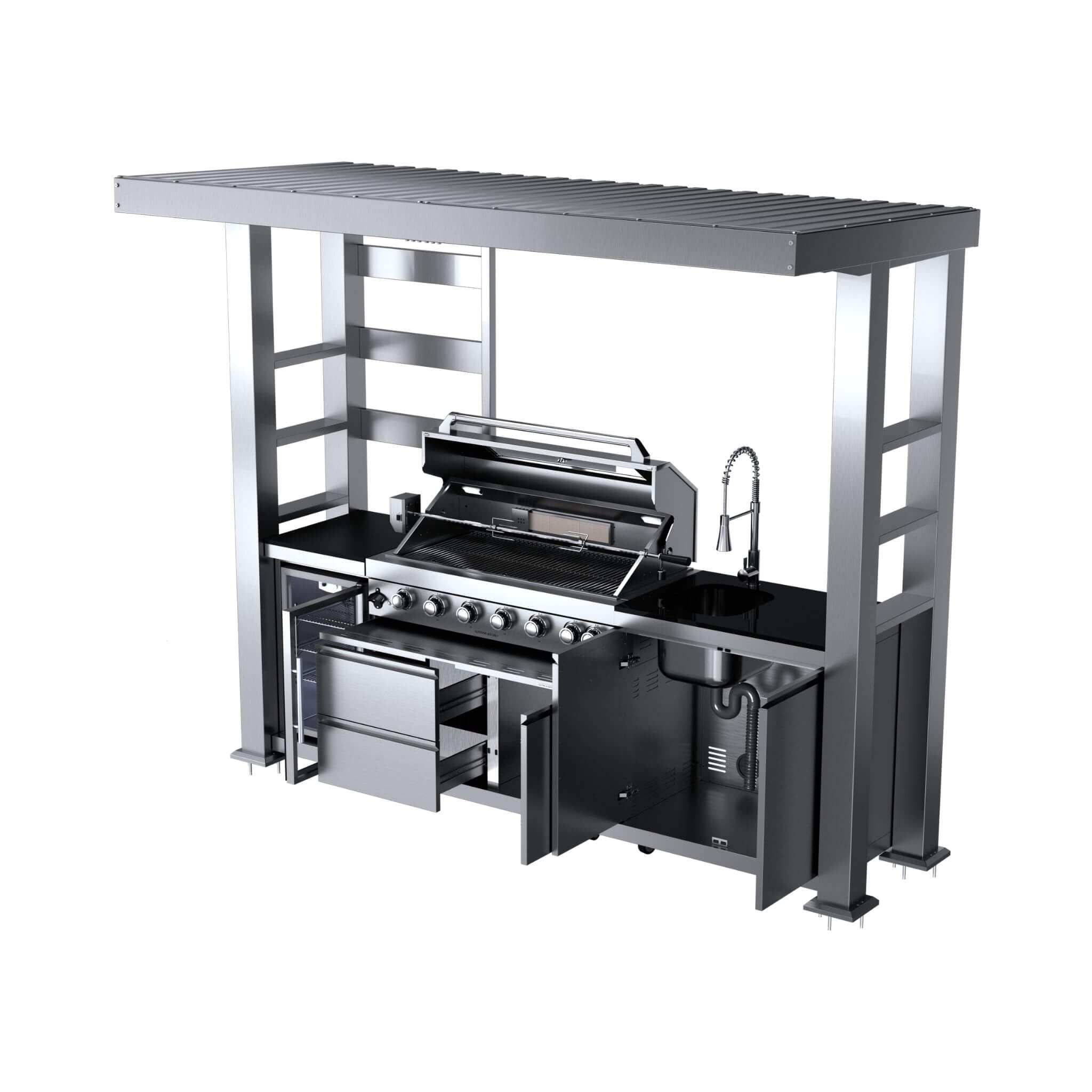 Castelle Flame Blaze 108-Inch 6-Burner 85K BTU Deluxe Stainless Steel Liquid Propane Outdoor Kitchen Grill Island With Wine Cooler, Rotisserie, Cabinets, And Granite Countertops (SAK58310) - The Vitality Estate