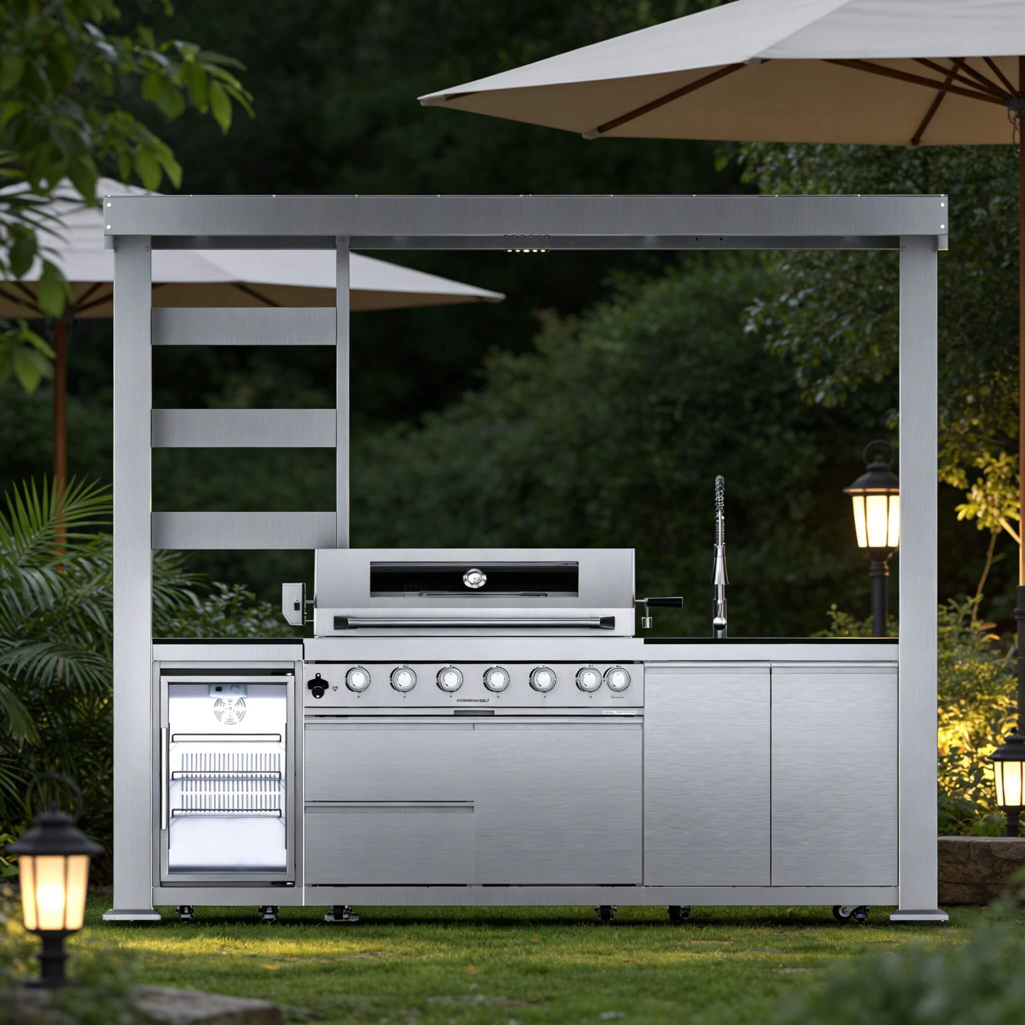 Castelle Flame Blaze 108-Inch 6-Burner 85K BTU Deluxe Stainless Steel Liquid Propane Outdoor Kitchen Grill Island With Wine Cooler, Rotisserie, Cabinets, And Granite Countertops (SAK58310) - The Vitality Estate