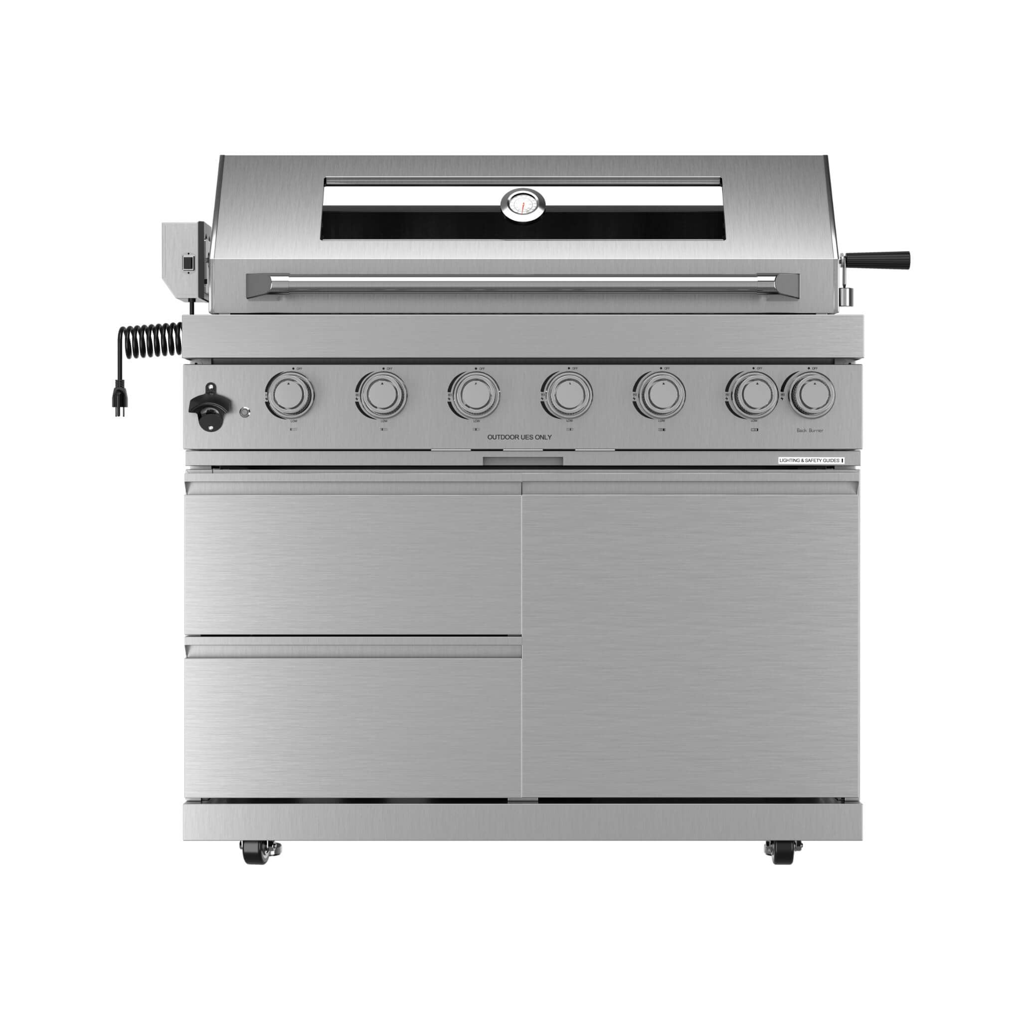 Castelle Flame Blaze 108-Inch 6-Burner 85K BTU Deluxe Stainless Steel Liquid Propane Outdoor Kitchen Grill Island With Wine Cooler, Rotisserie, Cabinets, And Granite Countertops (SAK58310) - The Vitality Estate
