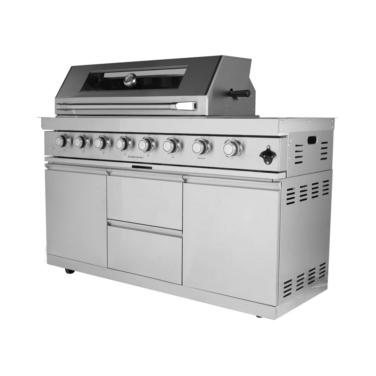 Castelle Flame Capri 96-Inch 6-Burner 85000 BTU Outdoor Kitchen Liquid Propane Grill Island With Fridge (SAK42895) - The Vitality Estate