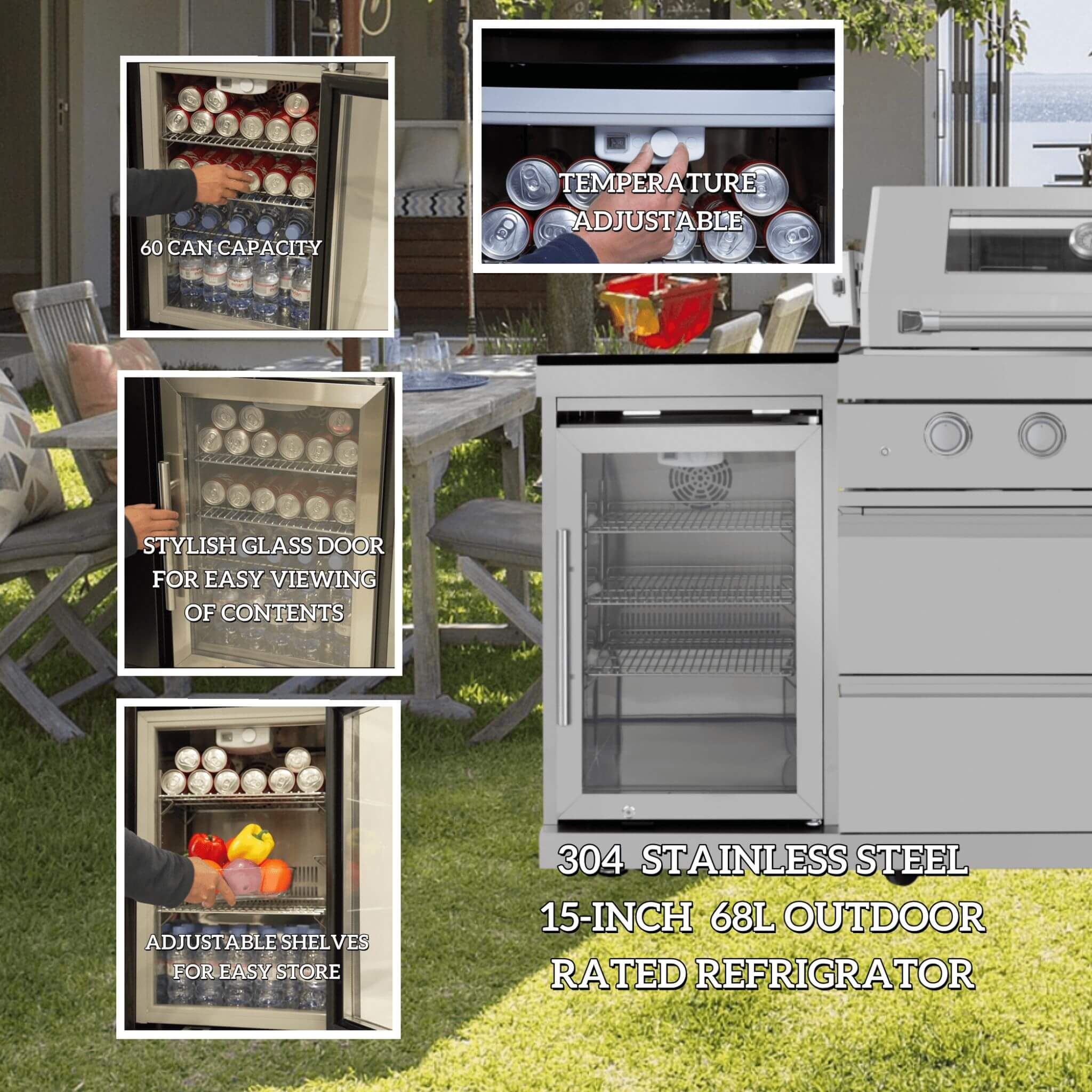 Castelle Flame Capri 96-Inch 6-Burner 85000 BTU Outdoor Kitchen Liquid Propane Grill Island With Fridge (SAK42895) - The Vitality Estate