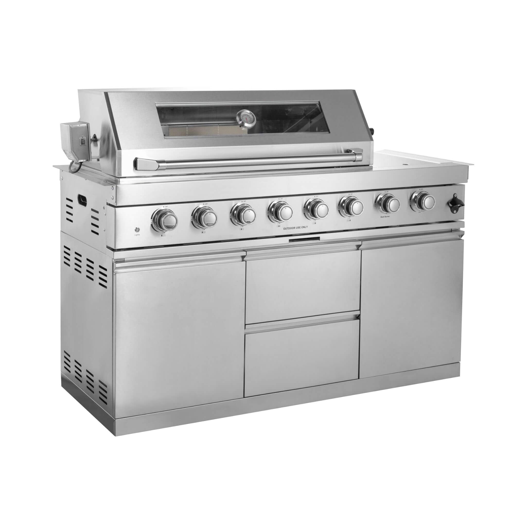 Castelle Flame Capri 96-Inch 6-Burner 85000 BTU Outdoor Kitchen Liquid Propane Grill Island With Fridge (SAK42895) - The Vitality Estate