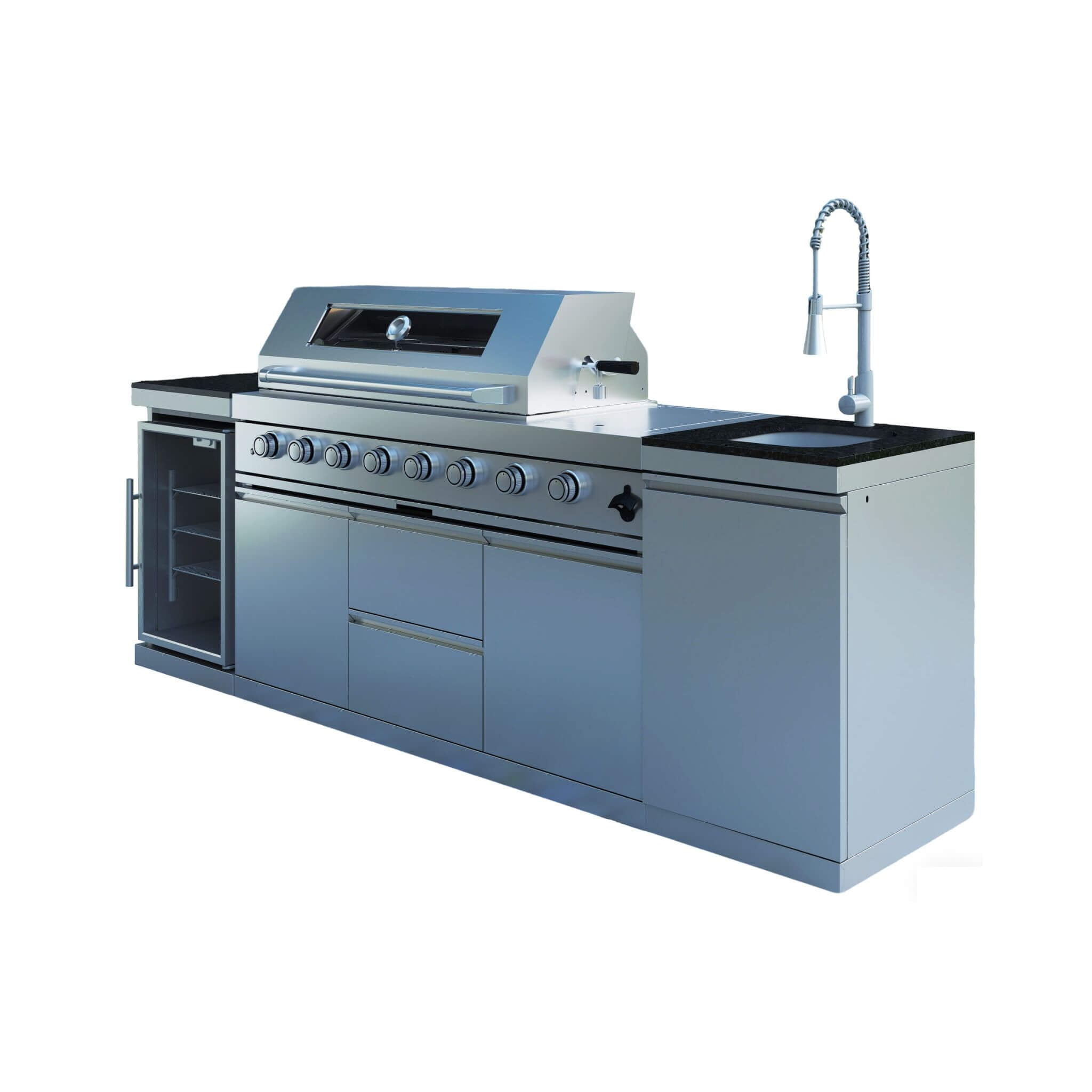 Castelle Flame Capri 96-Inch 6-Burner 85000 BTU Outdoor Kitchen Liquid Propane Grill Island With Fridge (SAK42895) - The Vitality Estate