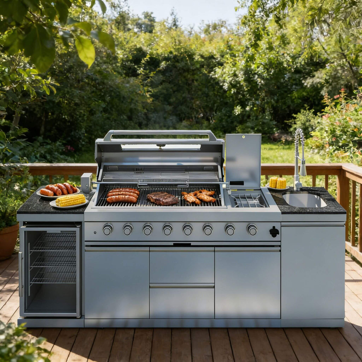 Castelle Flame Capri 96-Inch 6-Burner 85000 BTU Outdoor Kitchen Liquid Propane Grill Island With Fridge (SAK42895) - The Vitality Estate