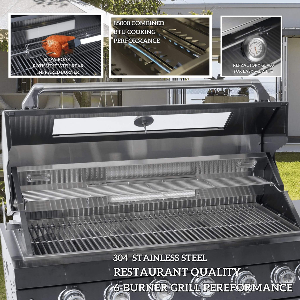 Castelle Flame Capri 96-Inch 6-Burner 85000 BTU Outdoor Kitchen Liquid Propane Grill Island With Fridge (SAK42895) - The Vitality Estate