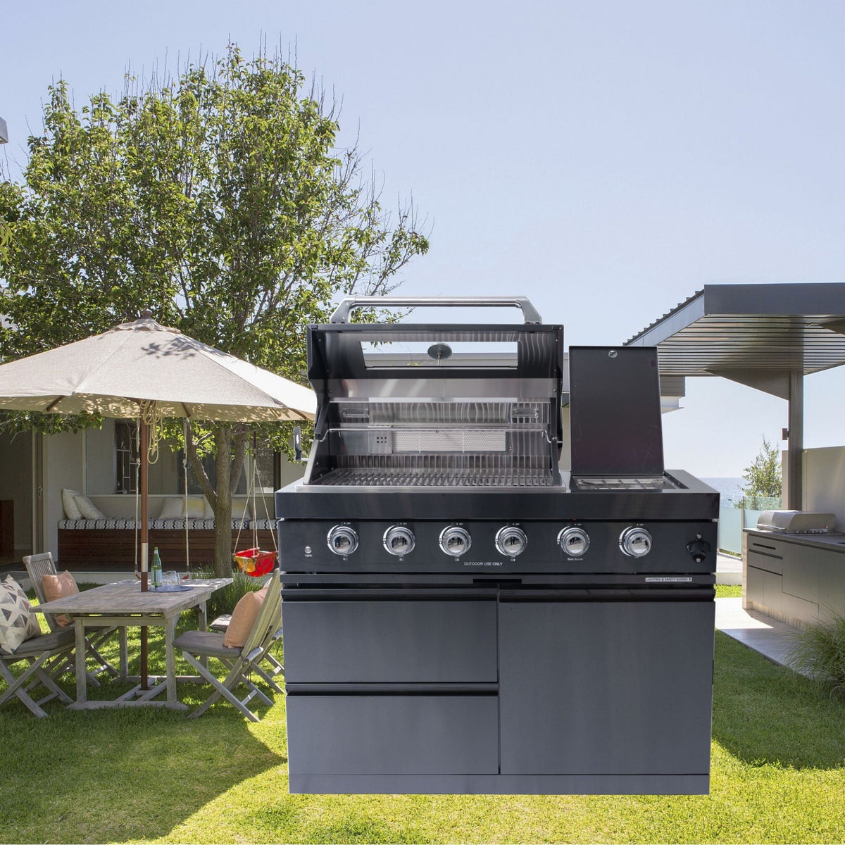 Castelle Flame Ember Premium Black Stainless Steel 4-Burner Liquid Propane Kitchen Grill Island With Rotisserie Kit (SAK48157) - The Vitality Estate