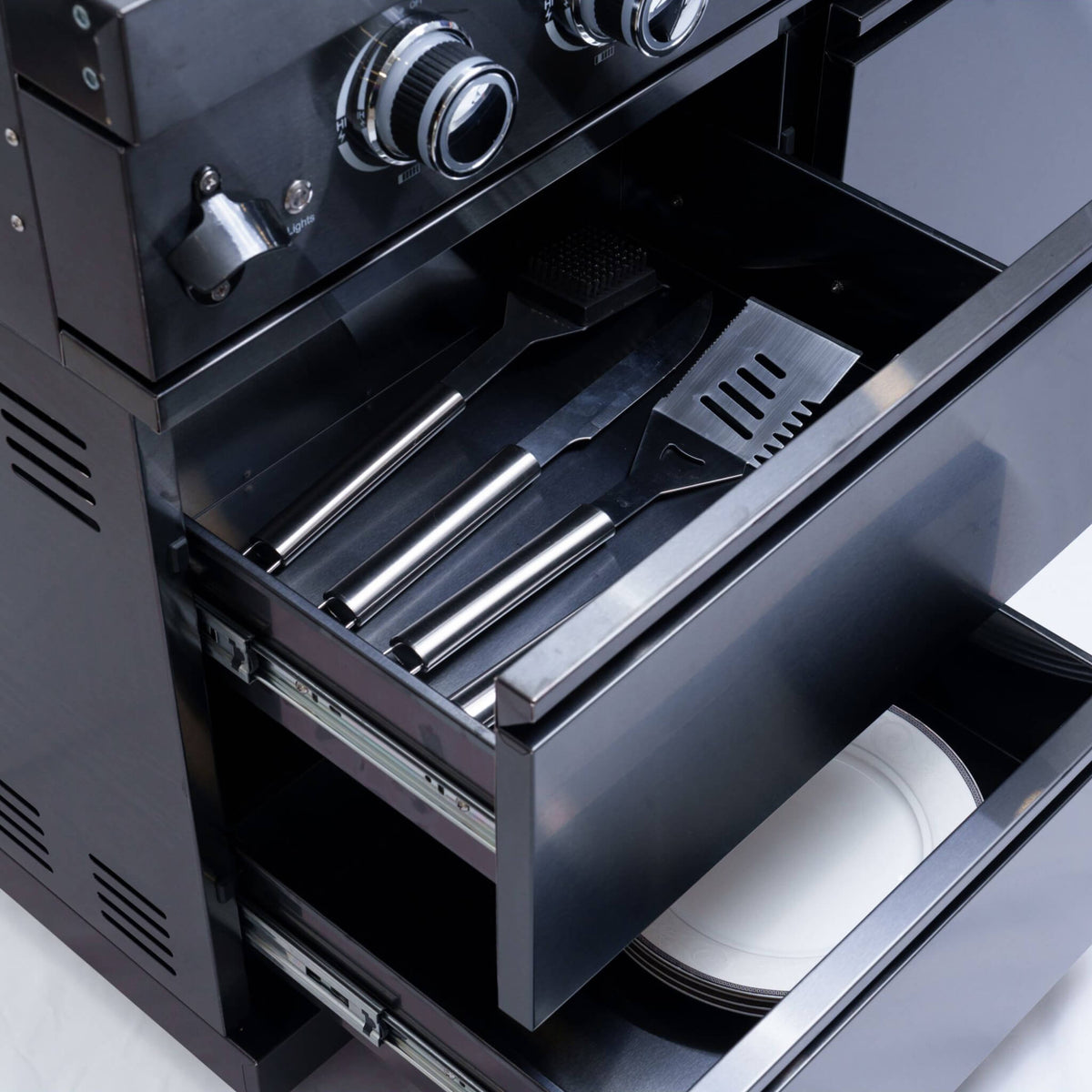 Castelle Flame Ember Premium Black Stainless Steel 4-Burner Liquid Propane Kitchen Grill Island With Rotisserie Kit (SAK48157) - The Vitality Estate