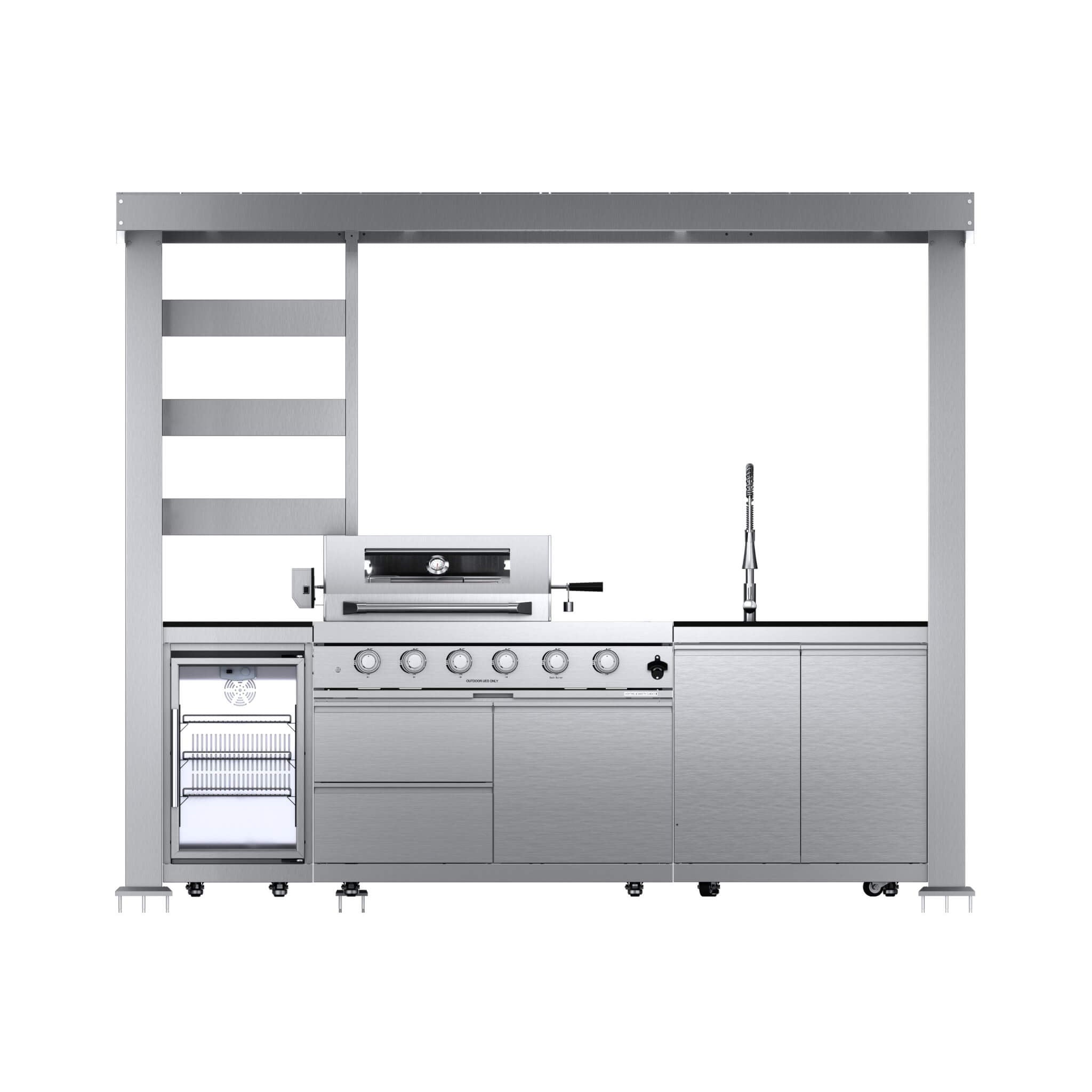 Castelle Flame Imperial 110-Inch 4-Burner 72K BTU Deluxe Stainless Steel Outdoor Kitchen Grill Island With Wine Cooler, Rotisserie, Cabinets, And Granite Countertops (SAK94721) - The Vitality Estate