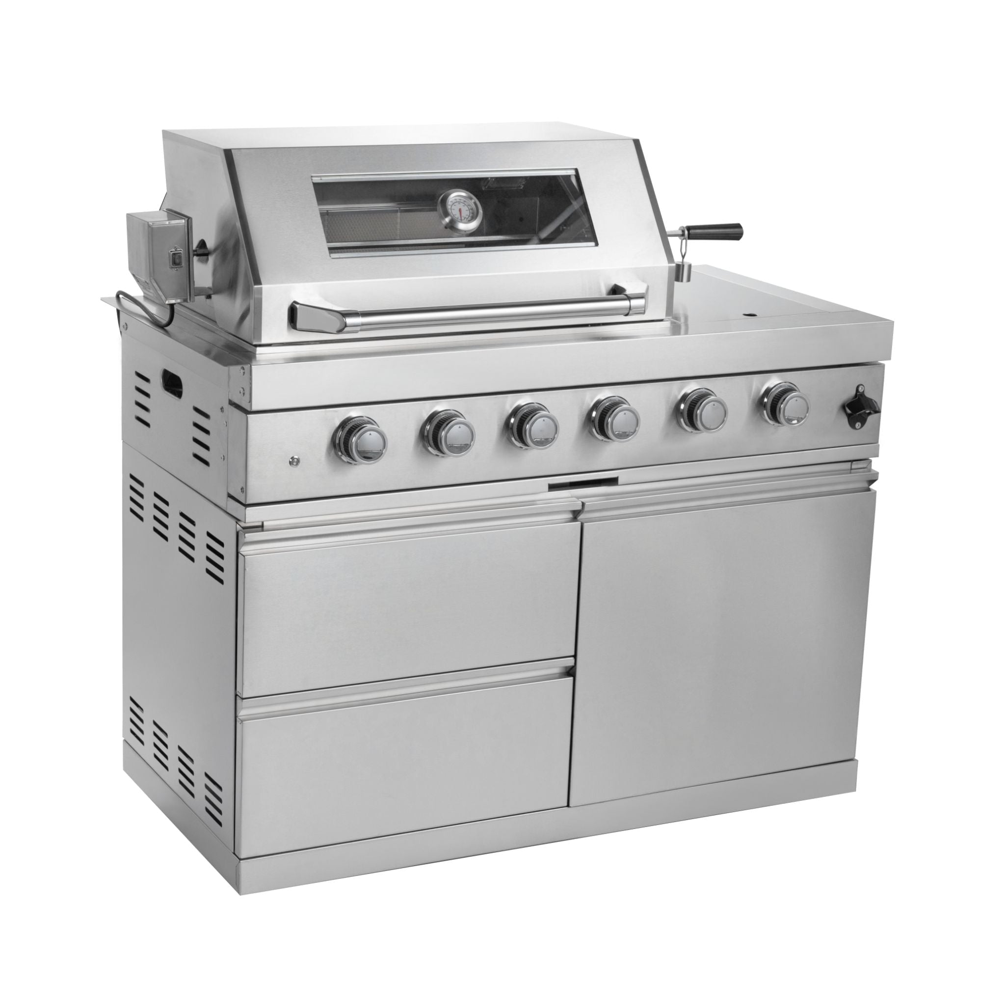 Castelle Flame Imperial 110-Inch 4-Burner 72K BTU Deluxe Stainless Steel Outdoor Kitchen Grill Island With Wine Cooler, Rotisserie, Cabinets, And Granite Countertops (SAK94721) - The Vitality Estate
