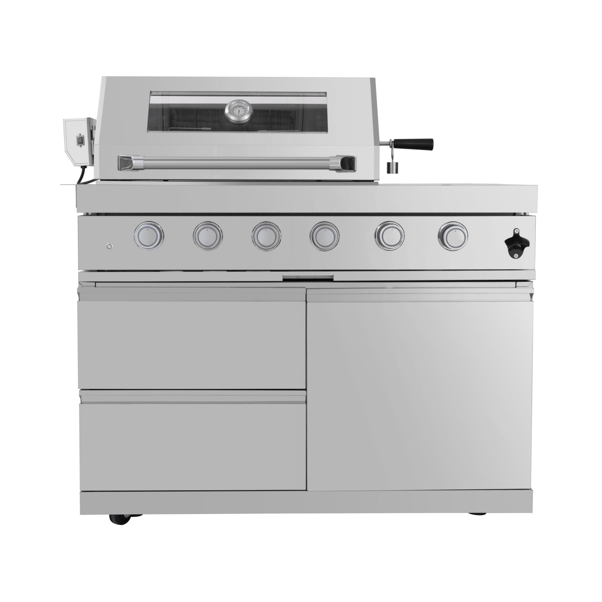 Castelle Flame Imperial 110-Inch 4-Burner 72K BTU Deluxe Stainless Steel Outdoor Kitchen Grill Island With Wine Cooler, Rotisserie, Cabinets, And Granite Countertops (SAK94721) - The Vitality Estate