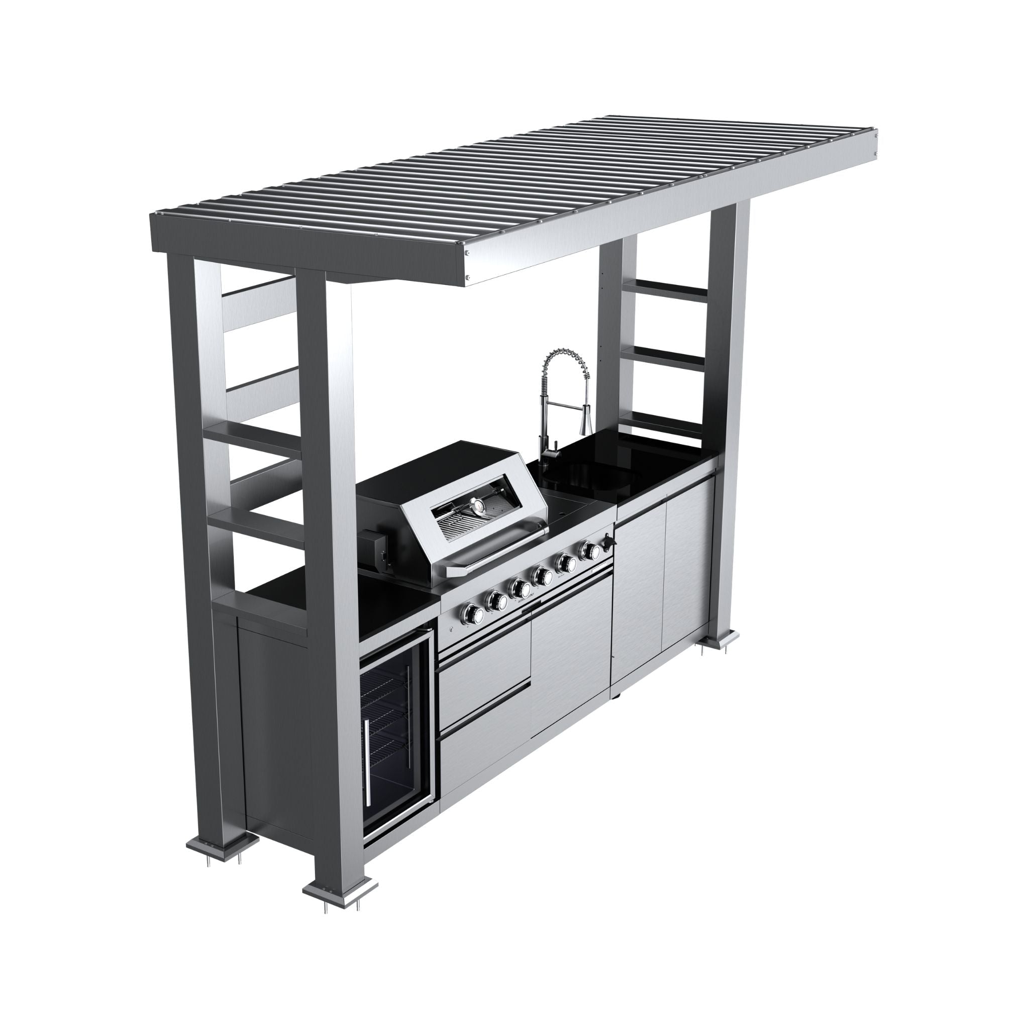 Castelle Flame Imperial 110-Inch 4-Burner 72K BTU Deluxe Stainless Steel Outdoor Kitchen Grill Island With Wine Cooler, Rotisserie, Cabinets, And Granite Countertops (SAK94721) - The Vitality Estate
