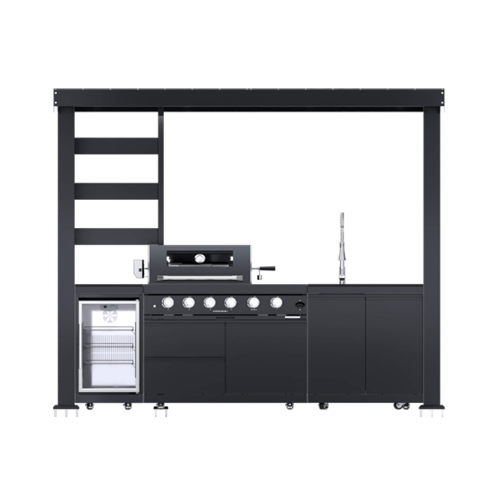 Castelle Flame Imperial 110-Inch 4-Burner 72K BTU Deluxe Stainless Steel Outdoor Kitchen Grill Island With Wine Cooler, Rotisserie, Cabinets, And Granite Countertops (SAK94721) - The Vitality Estate