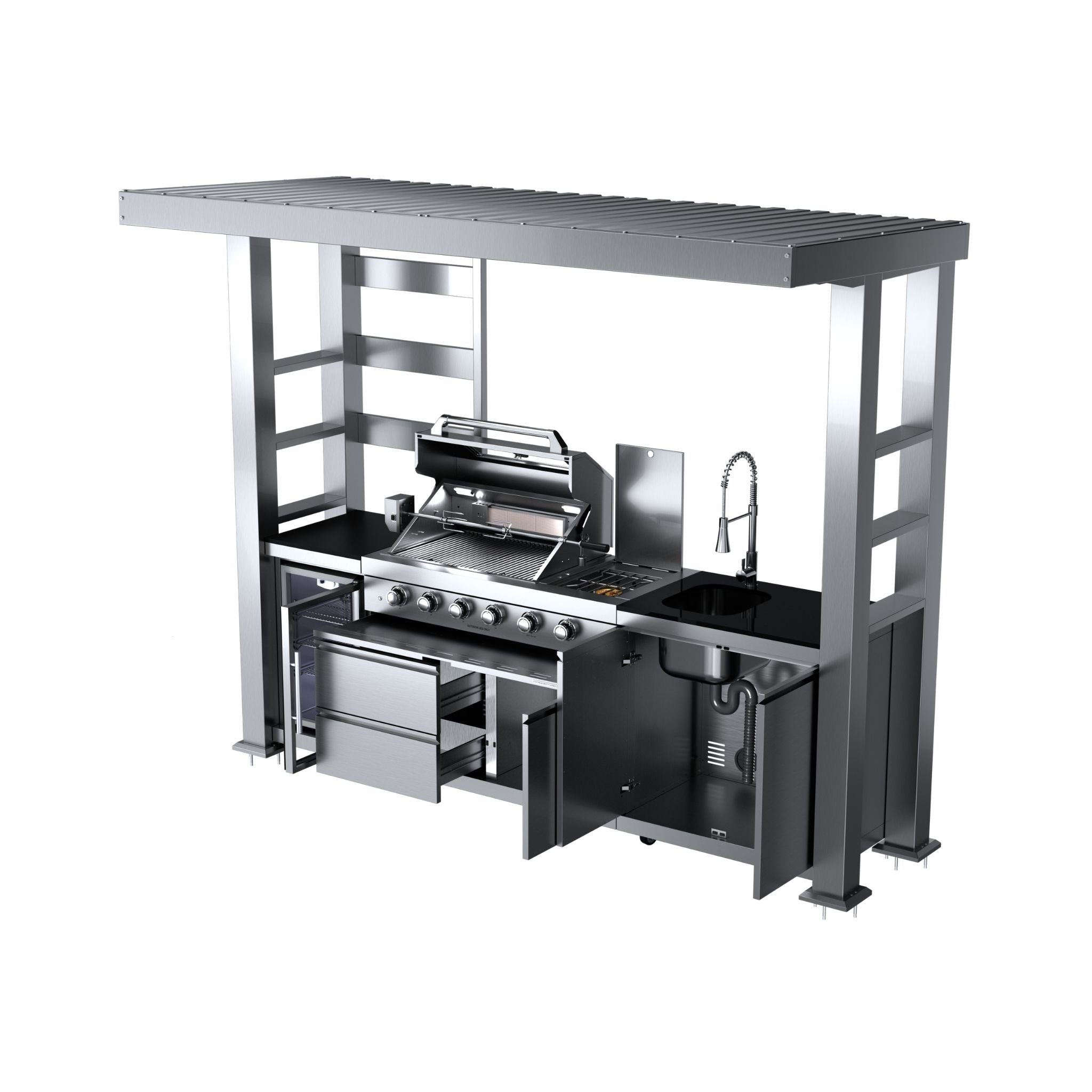 Castelle Flame Imperial 110-Inch 4-Burner 72K BTU Deluxe Stainless Steel Outdoor Kitchen Grill Island With Wine Cooler, Rotisserie, Cabinets, And Granite Countertops (SAK94721) - The Vitality Estate