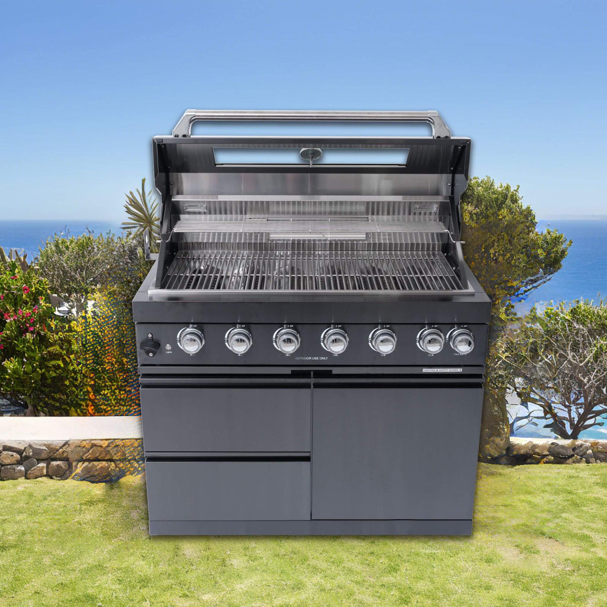 Castelle Flame Inferno Premium Black Stainless Steel 6-Burner Liquid Propane Kitchen Grill Island With Rotisserie Kit (SAK82641) - The Vitality Estate