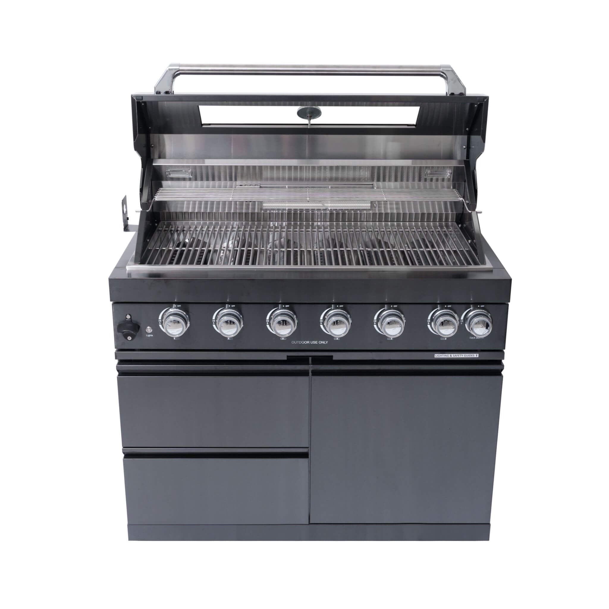 Castelle Flame Inferno Premium Black Stainless Steel 6-Burner Liquid Propane Kitchen Grill Island With Rotisserie Kit (SAK82641) - The Vitality Estate