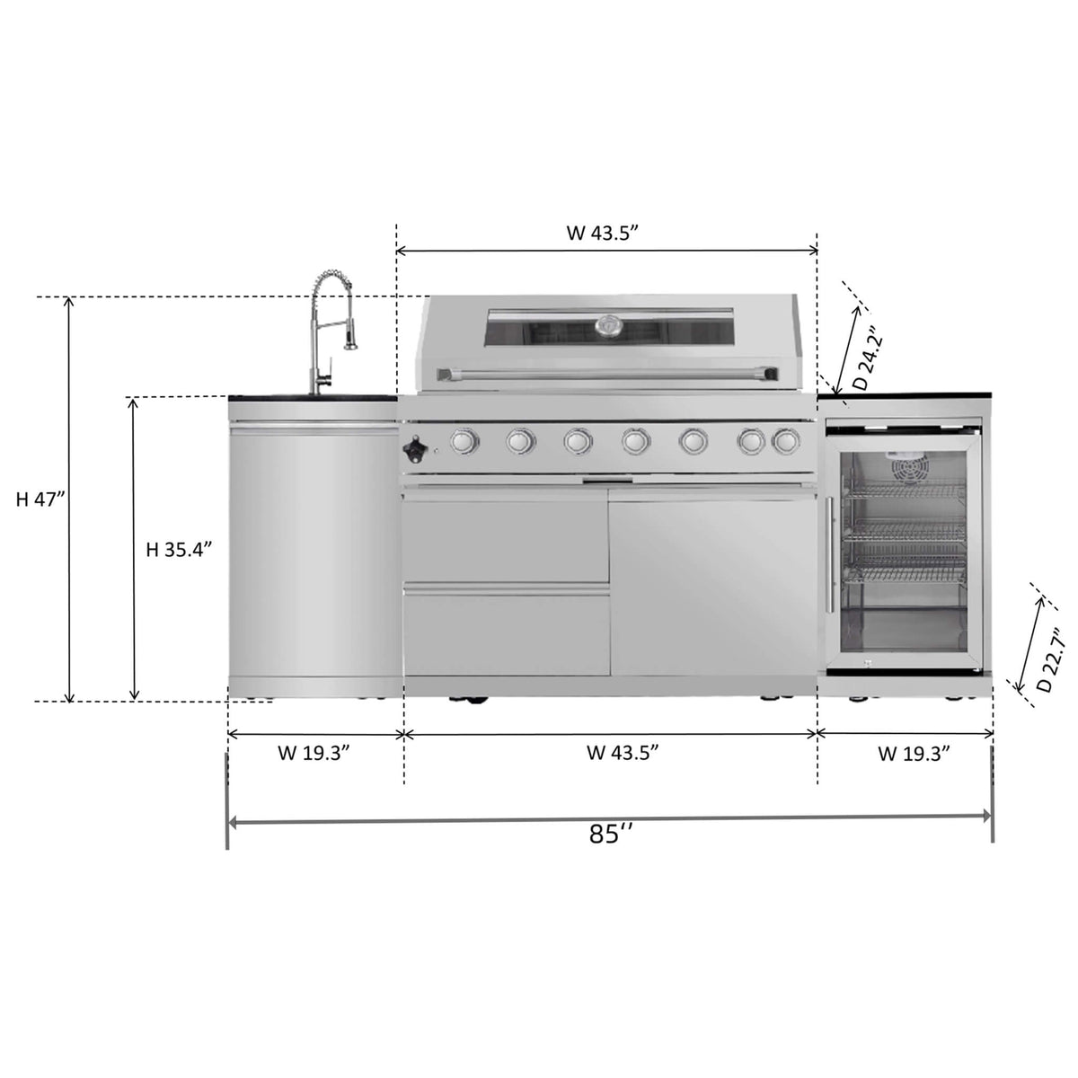 Castelle Flame Verona 44-Inch 6-Burner 85K BTU Stainless Steel Outdoor BBQ Kitchen Grill Island With Wine Cooler, Rotisserie Kit, And Storage Cabinets (SAK97105) - The Vitality Estate