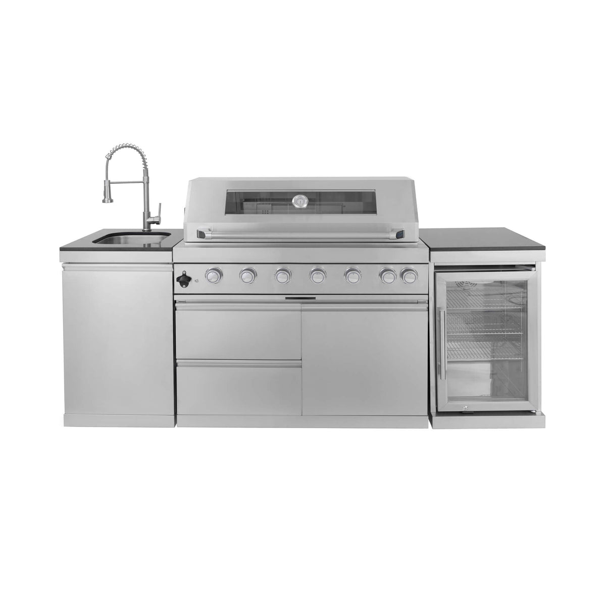 Castelle Flame Verona 44-Inch 6-Burner 85K BTU Stainless Steel Outdoor BBQ Kitchen Grill Island With Wine Cooler, Rotisserie Kit, And Storage Cabinets (SAK97105) - The Vitality Estate
