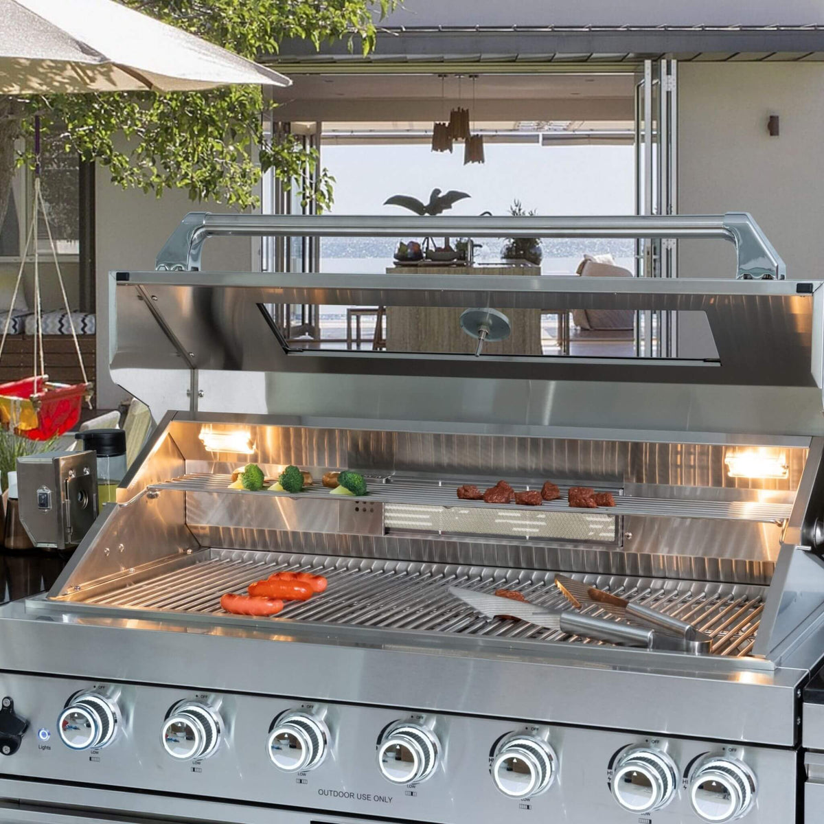 Castelle Flame Verona 44-Inch 6-Burner 85K BTU Stainless Steel Outdoor BBQ Kitchen Grill Island With Wine Cooler, Rotisserie Kit, And Storage Cabinets (SAK97105) - The Vitality Estate