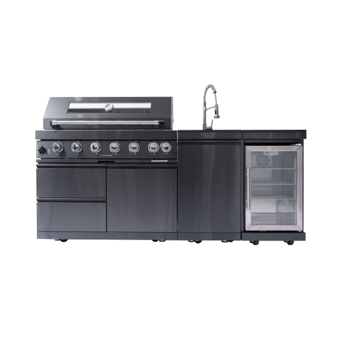 Castelle Flame Verona 44-Inch 6-Burner 85K BTU Stainless Steel Outdoor BBQ Kitchen Grill Island With Wine Cooler, Rotisserie Kit, And Storage Cabinets (SAK97105) - The Vitality Estate