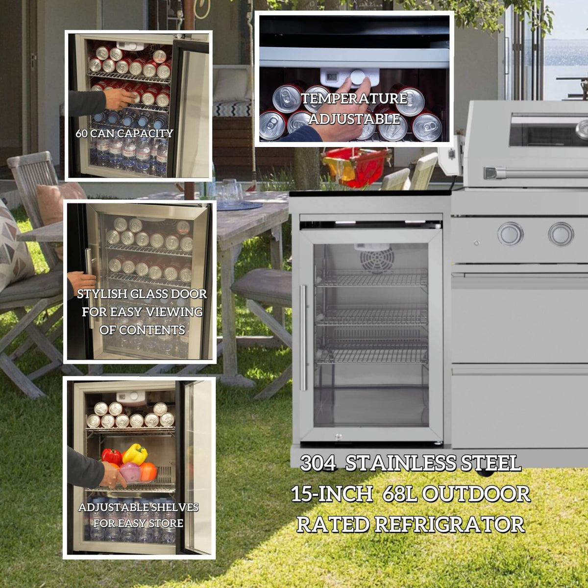 Castelle Flame Verona 44-Inch 6-Burner 85K BTU Stainless Steel Outdoor BBQ Kitchen Grill Island With Wine Cooler, Rotisserie Kit, And Storage Cabinets (SAK97105) - The Vitality Estate