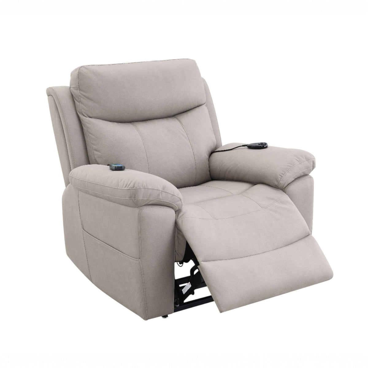 Chriki Beige Chenille & Black Finish Power Recliner with Lift, Heating, and Massage - The Vitality Estate
