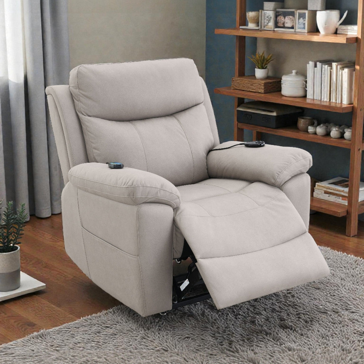 Chriki Beige Chenille & Black Finish Power Recliner with Lift, Heating, and Massage - The Vitality Estate