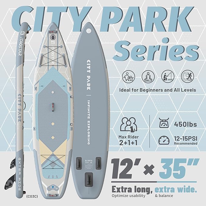 City Park 12'×35" Extra Wide Paddle Board with Seat, One-Stop Premium SUP Board Gears, Tailored 5 Fins, Stable Inflatable Stand Up Paddle Boards for Youth/Adults of All Levels - The Vitality Estate