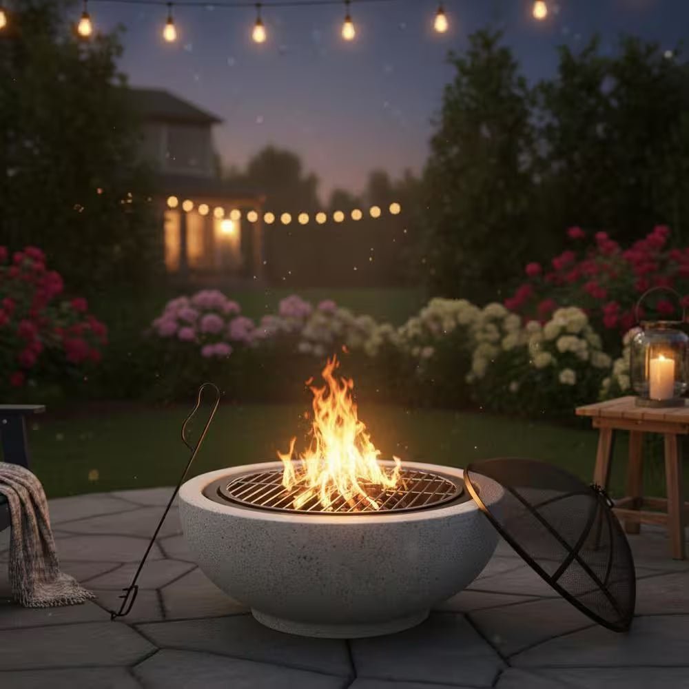 Contemporary Wood round Burning Fire Pit in Grey - The Vitality Estate