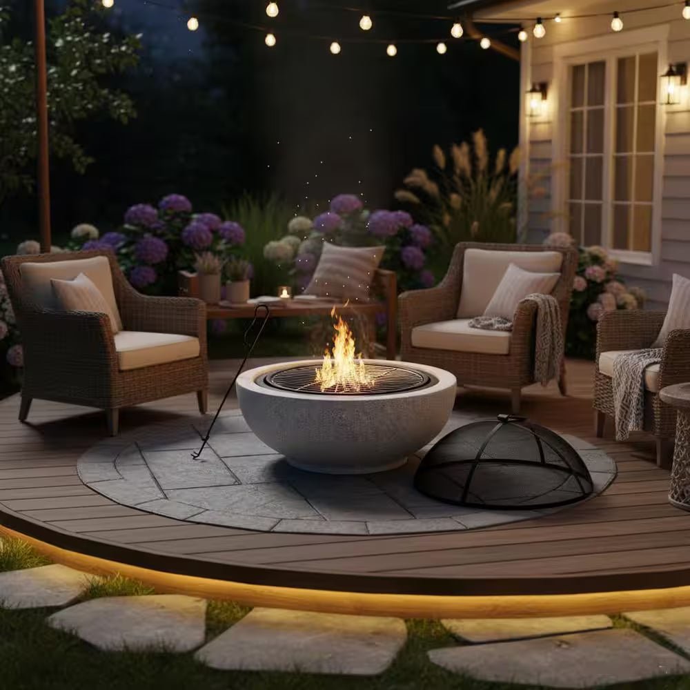 Contemporary Wood round Burning Fire Pit in Grey - The Vitality Estate