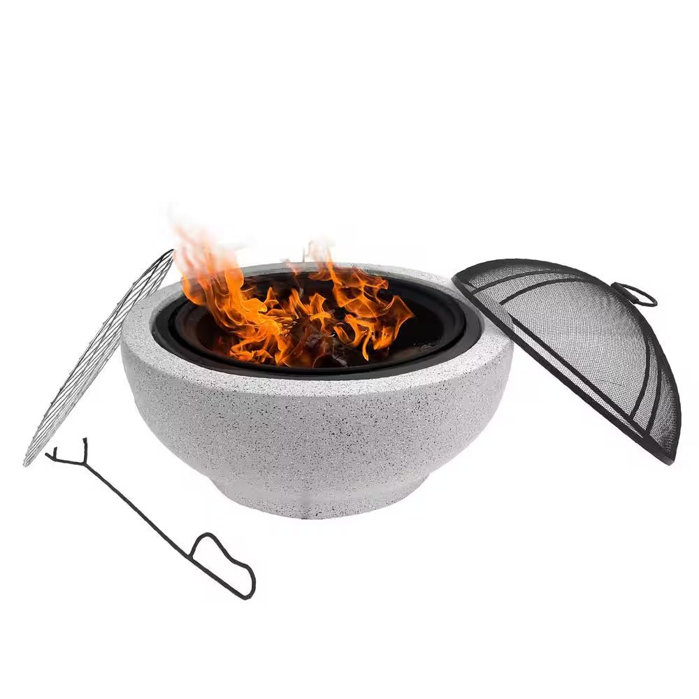 Contemporary Wood round Burning Fire Pit in Grey - The Vitality Estate