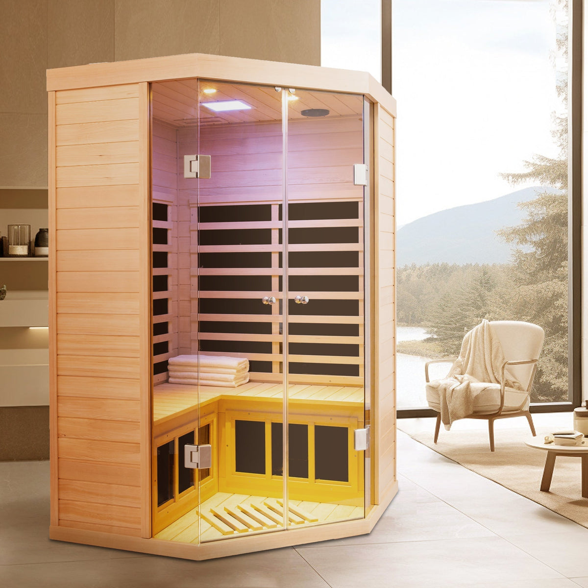 Deluxe Hemlock Far Infrared Corner Sauna Room with Glass Front for Two Persons - The Vitality Estate